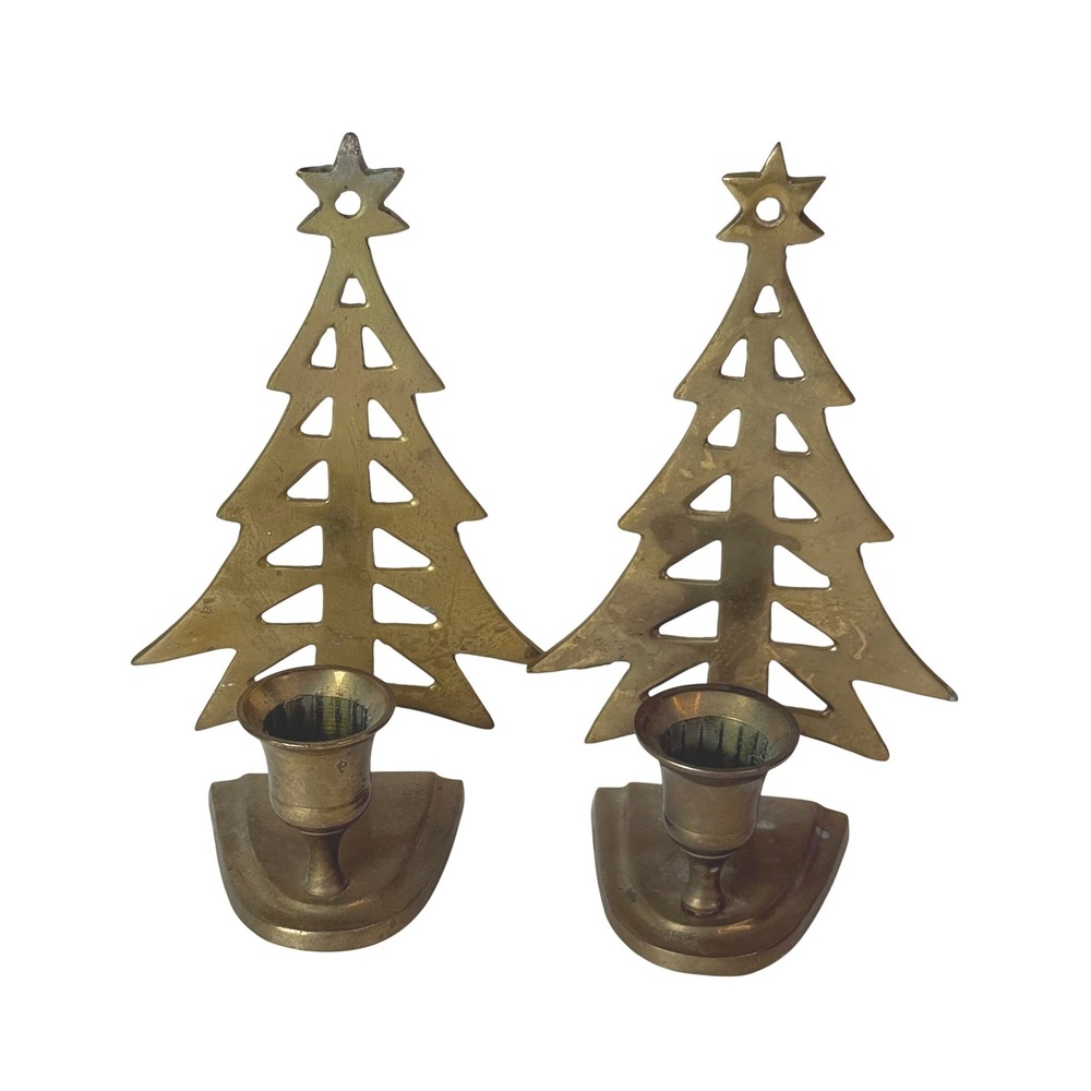 Vintage Solid Brass Christmas Tree Taper Candle Holders Pair Star Top India